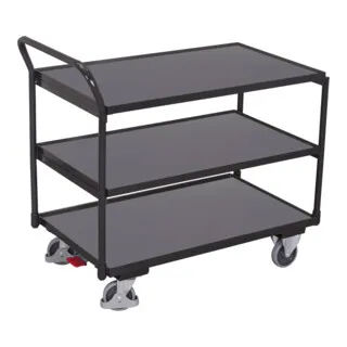 VARIOfit Tischwagen mit gebogenem Schiebegriff – Anthrazitgrau - Praktischer Tischwagen mit 3 stabilen Ladeflächen und gebogenem Schiebegriff. Ideal für den flexiblen Einsatz im Büro oder Lager. Mit kratzfester Oberfläche und hoher Traglast von bis zu 250 kg.