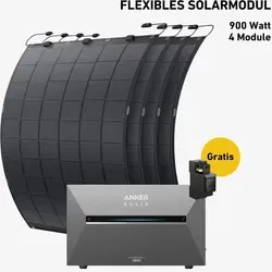 Balkonkraftwerk 900 Watt Komplettset mit flexiblen Modulen - Effizientes Balkonkraftwerk mit vier flexiblen Solarmodulen und Anker SOLIX Solarbank 3 E2700 Pro. Ideal für nachhaltige Energieversorgung mit 2,7 kWh Speicherkapazität und integriertem Wechselrichter.