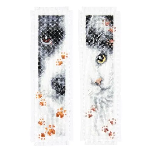 Vervaco Lesezeichen Kreuzstich Stickpackungen Gezählter Kreuzstich Set Hund und Katze 2er DIY Set Erwachsene Sticken Lesen Zubehör Geschenk Zählmusterpackung ca. 6 x 20 cm Stickset für Anfänger
