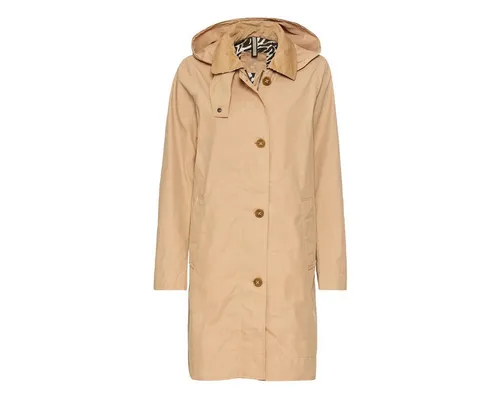 camel active Damen Trenchcoat aus gewachster Baumwolle Caramell - Funktionsjacke mit herausnehmbarer Kapuze und Cordkragen, ideal für wechselhaftes Wetter und stylische Outfits.