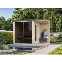 Palmako Sauna Sarah 322 x 222 cm – Stilvolles Saunahaus aus FSC®-zertifiziertem Holz - Modernes Saunahaus mit 3,8 + 2,1 m² Fläche, ideal für entspannende Stunden. Hochwertige Isolierung und Panoramafenster sorgen für ein besonderes Ambiente. Inklusive abschließbarer Tür und robusten Saunabänken.