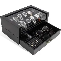 KAMIER Uhrenbox Herren mit 12 Fächern aus Echtholz - Elegante Uhrenbox aus Massivholz mit 12 Fächern und abnehmbaren Kissen. Die transparente Acrylabdeckung schützt Ihre Uhren stilvoll vor Staub und bietet eine 360-Grad-Präsentation. Ideal für Uhrenliebhaber und als Geschenk.