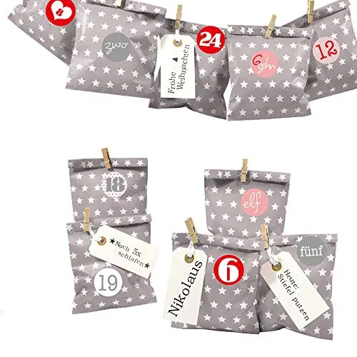 Frau WUNDERVoll® DIY Adventskalender zum Befüllen Bescherung: Set Stern 121, Papiertueten flach 13x16,5cm, Taupe Stern, Ziffern rosa-rot
