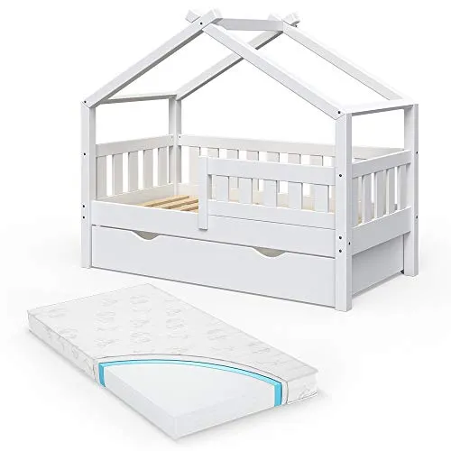 VitaliSpa Design Kinderbett 140x70 mit Schublade - Massivholz-Babybett für Kinder, inklusive Lattenrost und Matratze, ideal für eine sichere und komfortable Schlafumgebung.