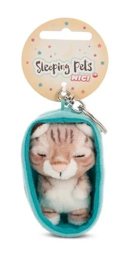 NICI Schlüsselanhänger Sleeping Pets Katze getigert 8cm in Körbchen - braun - Treuer-Begleiter für Rucksack oder Tasche, Schlüsselhalter für klein und Groß | 61608