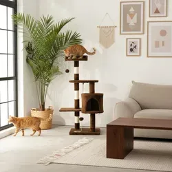 belviona Katzenkratzbaum, kompakter 112 cm Kratzbaum mit Spielbällen, Sisal & Kuschelhöhle, braun - Braun