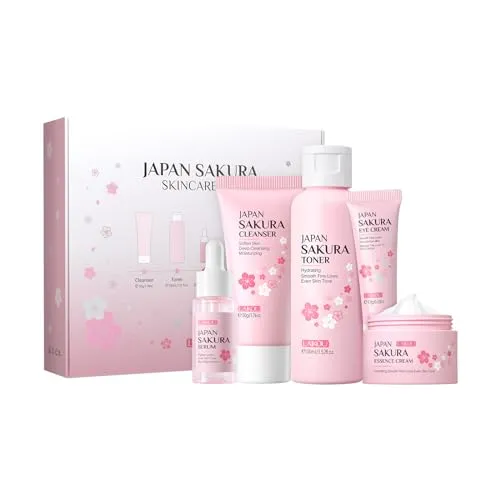 5-tlg Sakura Gesichtspflege Skincare Set, Beauty Set Mädchen Teenager | Reisegröße Hautpflege mit Reinigungsmittel Toner Serum Augencreme Creme, Gesichtsgeschenkset für Frauen Teenager