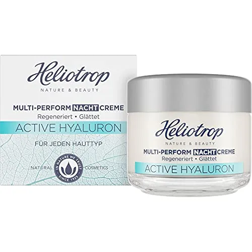 Heliotrop Active Hyaluron Multi-Perform Nachtcreme - Nachtpflege mit intensiv straffender Wirkung und Multi-Effect-Hyaluron. Ideal zur Milderung von Falten und für ein beruhigtes Hautbild, angereichert mit Algenextrakt und Bio-Ölen.