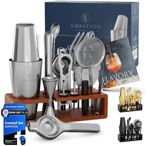 EMPATION Cocktail Set [TESTSIEGER] 825ml - Cocktail-Sets mit hochwertigem Edelstahl, leicht zu öffnendem Shaker und praktischem Ständer. Inkl. Rezeptbuch für kreative Cocktailabende.