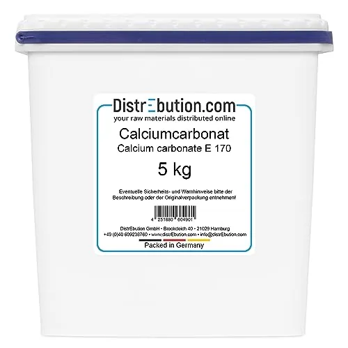 Calciumcarbonat 5kg Pulver Lebensmittelqualität E 170 - Hochwertiges Calciumcarbonat in Lebensmittelqualität - ideal für verschiedene Anwendungen, auch als Füllstoff in Backwaren und Getränken. Seine stabilisierenden Eigenschaften unterstützen die Haltbarkeit von Lebensmitteln.