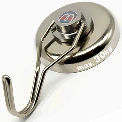 Magnosphere Magnethaken Neodym Magnet mit Haken drehbar Ø 38 mm - Haftkraft 30 kg - Hakenmagnet im Stahltopf - um 360° frei drehbar und beliebig neigbar und sucht immer die richtige Zug-Richtung