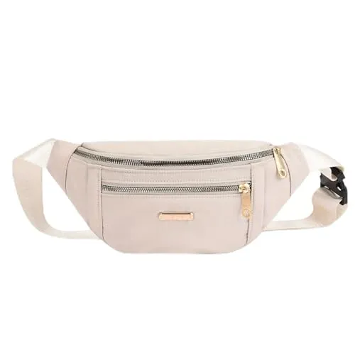 Bauchtasche Sport, Gürteltasche Groß Verstellbare Hüfttaschen für Running Diebstahlsichere Bauchtasche Outdoor Doggy Bag Handytasche Umhängetasche mit 3 Taschen für Damen und Herren Beige