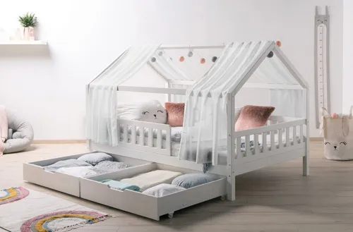 Ticaa Hausbett Kim mit Rausfallschutz und Schubkasten - Abenteuerbett aus nachhaltigem Kiefer mit höhenverstellbarem Design, ideal für kleine Träumer und kreative Gestaltungsmöglichkeiten durch das mitgelieferte Tüll-Set.