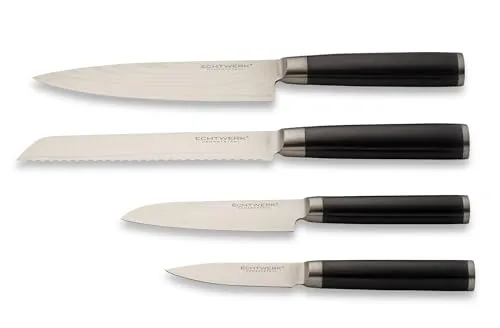 Echtwerk Damaszener Messer Set 4-TLG - Küchenmessersets mit 67-Lagen Damaststahl für außergewöhnliche Schärfe und Langlebigkeit. Ergonomische Pakka-Holzgriffe für perfekten Halt – ideal für jede Küchenaufgabe.