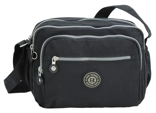 BAG STREET Damen Umhängetasche Leichte Schultertasche Crossbody Bag sportliche Nylon Freizeittasche viel Fächer (Schwarz)