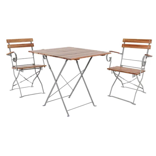 Biergarten Set Klapptisch + 2 Klappstühle mit Armlehnen - 3-teiliges Bistro Set aus wetterbeständigem Akazienholz und Stahl, klappbar für einfachen Transport und Lagerung, ideal für Garten und Balkon.
