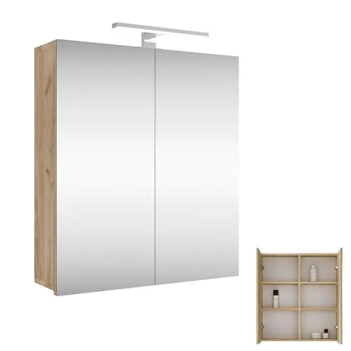 Planetmöbel Merkur Spiegelschrank mit LED-Beleuchtung 60 cm - Spiegelschrank fürs Bad mit großzügigem Stauraum und drei verstellbaren Einlegeböden. Die energiesparende LED-Beleuchtung sorgt für eine helle Ausleuchtung und elegantes Design.