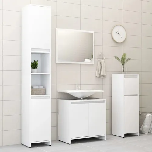 vidaXL 4-tlg. Badmöbel-Set Weiß Holzwerkstoff - Badezimmerschränke mit stilvollem Design, das zusätzlichen Stauraum bietet und leicht zu reinigen ist. Ideal für eine ordentliche und gepflegte Badeinrichtung.