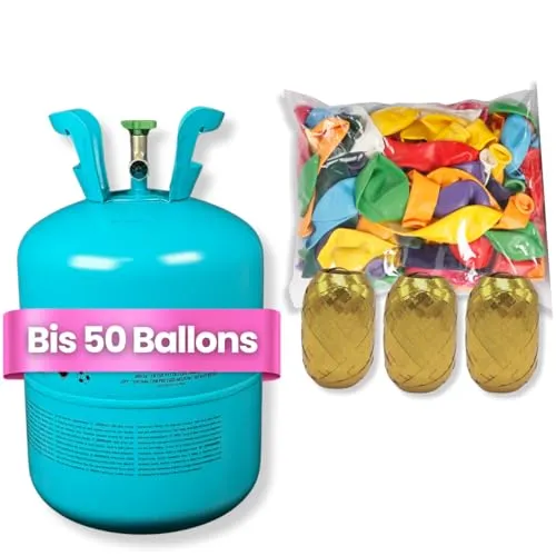 DIWULI Ballongas Helium inkl. 50 tollen Luftballons bunt + Ballon-Band - Gasflasche für Geburtstag, Kindergeburtstag, Party-Set, befüllt in EU