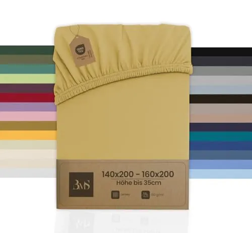 Bettwaesche-mit-Stil Spannbettlaken Jersey Spannlaken Spannbetttuch (140x200-160x200 cm, Matratzenhöhe bis 35cm, Gold) Gewicht: 180g/m², 90% Baumwolle 10% Elasthan