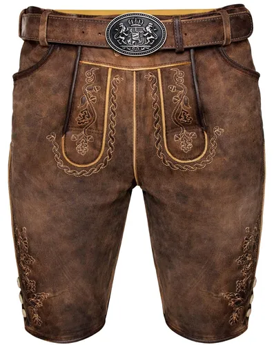 Maddox Herren Lederhose Horn antik - Stein 48 - Trachtenlederhose für Herren, inklusive Gürtel und H-Träger, ideal für festliche Anlässe und traditionelles Outfit.