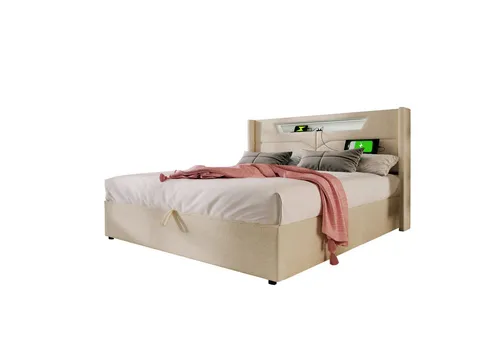 OKWISH Polsterbett LED Doppelbett mit USB Typ C Ladefunktion, 140 x 200 cm,Inklusive Matratze