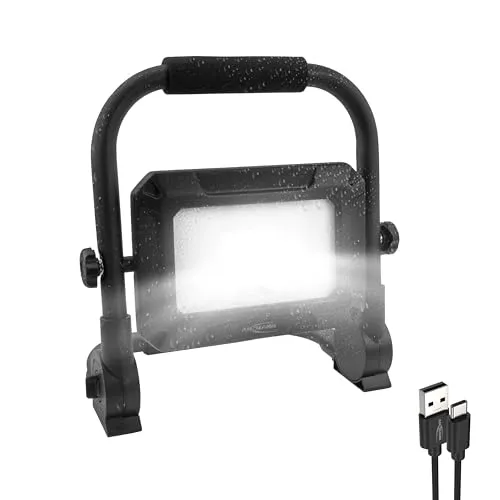 ANSMANN LED Arbeitsleuchte - 2000 Lumen, wiederaufladbar und spritzwassergeschützt, robuster Baustrahler für Werkstatt und Baustelle, 2 Helligkeitsstufen und flexibles Design