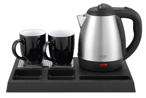 Adler Wasserkocher Set Edelstahl 1,2L mit Tablett & 2 Tassen | Elegante Teestation für Hotel und Büro