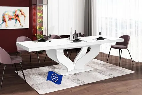 Design Esstisch HEB-222 Weiß Hochglanz - Ausziehbarer Esszimmertisch von 160 cm auf 256 cm, ideal für bis zu 10 Personen. Modernes, zeitloses Design und pflegeleicht – perfekt für jeden Wohnstil.