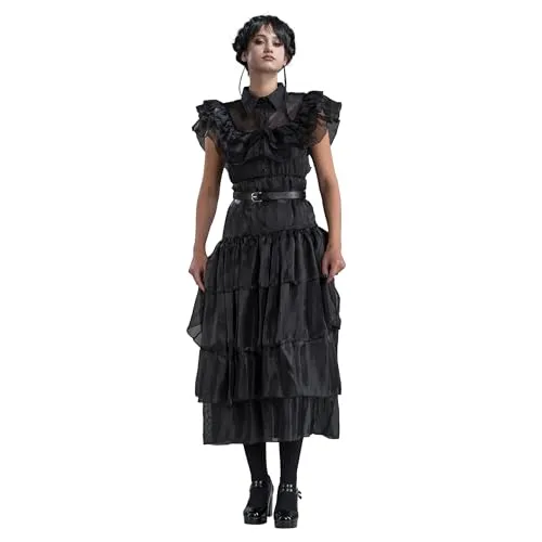Chaks - Wednesday Ballkleid für Erwachsene - Kostüm-Outfit für Halloween und Karneval, inspiriert von Wednesday Addams mit elegantem Rüschendesign und bequemem Tragegefühl für unvergessliche Auftritte.