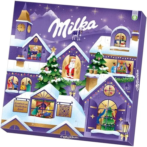 Milka Adventszauberkalender – 238g Alpenmilch-Schokolade mit cremigen Füllungen - Sortimentpackungen für Pralinen, 24 Türchen voller zarter Alpenmilch-Schokolade und feinen Füllungen – ideal für die Vorweihnachtszeit und als süßes Geschenk!