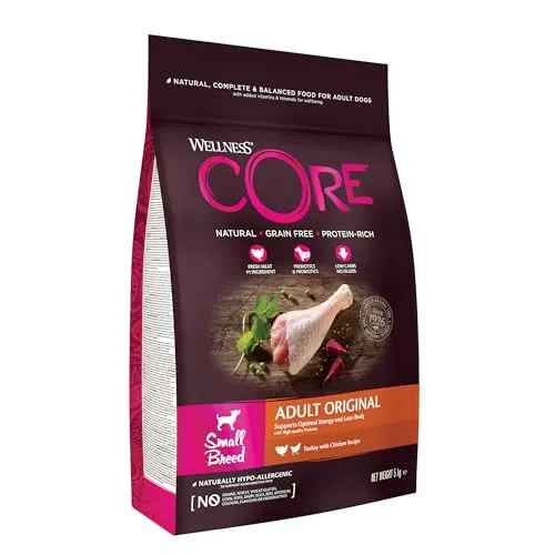 Wellness CORE Small Breed Original Hundefutter für kleine Rassen - Getreidefreies Trockenfutter mit 36% Proteingehalt aus frischem Huhn und Pute, ideal für gesunde Verdauung und Gelenkstärkung. Kleinere Kroketten fördern die Maulgesundheit.
