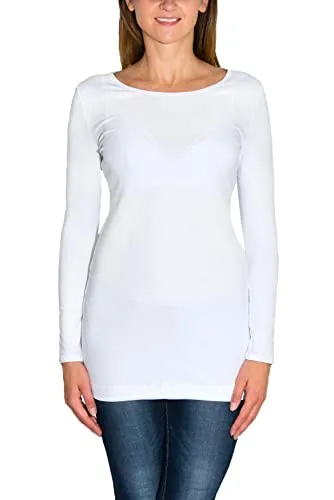 Alkato Damen Langarm Longshirt Langarmshirt Tunika Basic Shirt, Farbe: Weiß, Größe: XL