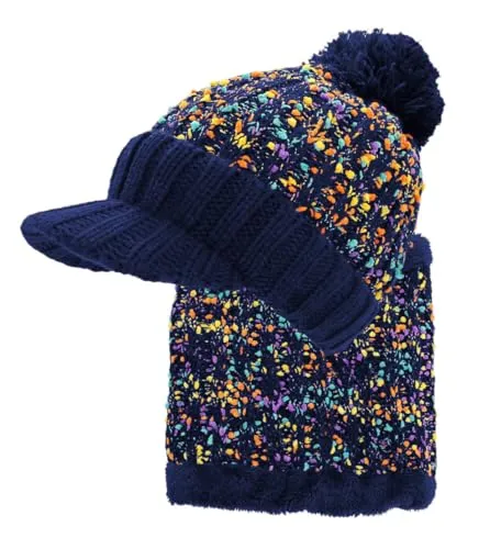 dy_mode Damen Mütze und Schal Kombi Set Schirmmütze Bommel mit Innenfutter - A305 (A305-ColorMixTiefblau)