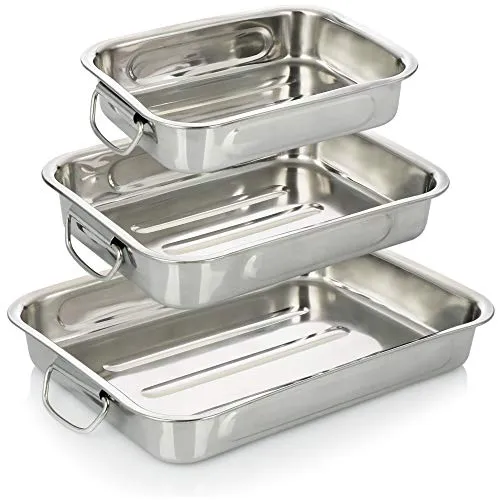 COM-FOUR® 3-teiliges Braten- und Backform-Set aus Edelstahl - Auflaufformen aus rostfreiem Stahl, ideal für gleichmäßige Wärmeverteilung und bis 230°C backofenfest. Mit praktischen Haltegriffen für einfaches Tragen und verschiedene Größen für alle Gerichte!
