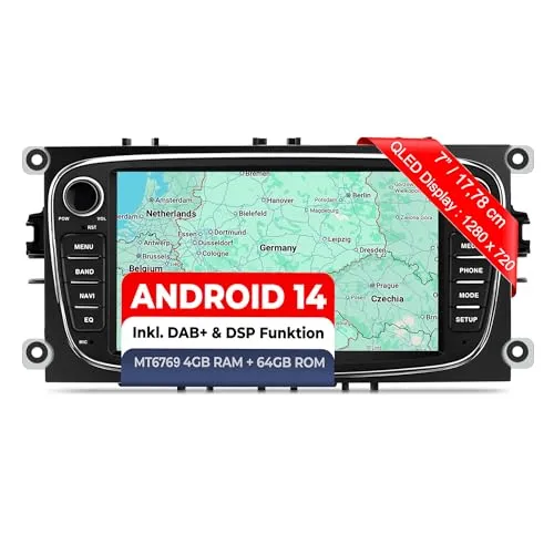 M.I.C. AF7-L3 Android 14 Autoradio mit Navigation: MediaTek MT6769V,4GB+64GB,7 Zoll QLED Display,SIM,Apple CarPlay&Android Auto, DAB+,CANBUS, GPS – Ersatz für Ford Focus mk2 Mondeo Cmax Galaxy Smax