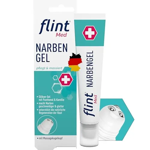flint Med Narbengel mit Narbenroller – 17 ml Narbensalbe für geschmeidigere und glattere Narben - Medikamente bei Narben & Dehnungsstreifen – 2-in-1 Narbengel mit Massagekugel für intensive Pflege und Förderung der Heilung, geeignet für frische und alte Narben.