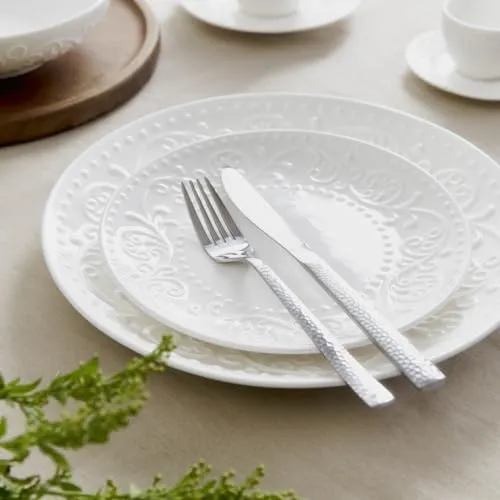 HOMLA Sylia Dessertteller 21 cm Porzellan weiß Ornament rund glänzend kratzfest langlebig dekorativ Essteller Kuchenteller Frühstücksteller Geschirr modern klassisch