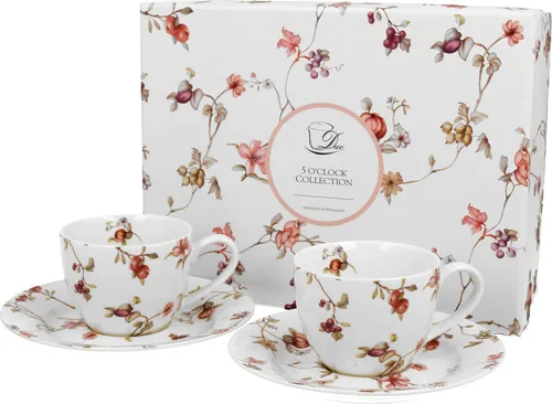 DUO FLORAL 2er-Set Espressotassen 90 ml SAFA mit Untertassen, New Bone China Porzellan
