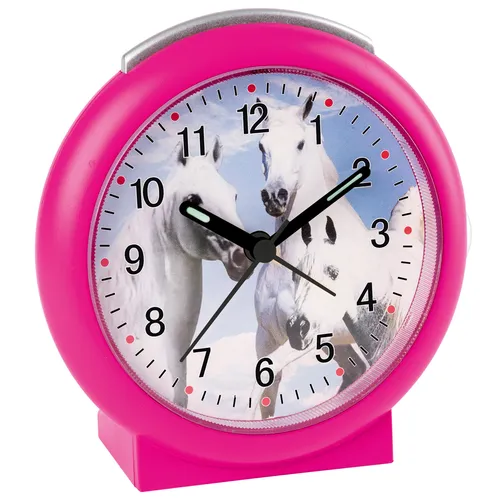Atlanta 2121/8 Kinderwecker mit Leisegang Pink Pferde - Quarz-Kinderwecker mit süßem Pferdemotiv, leise schleichende Sekunde, ansteigender Alarmton und praktische Snooze-Funktion. Ideal für kleine Pferdefans!