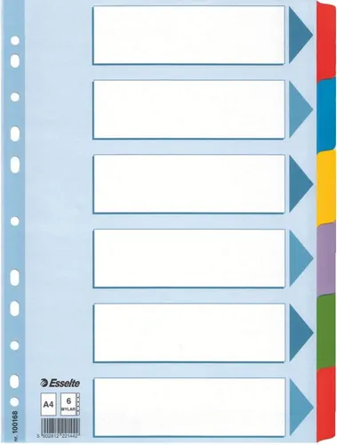 Esselte 100168 Karton-Register blanko A4 6-teilig mehrfarbig - Kartonregister A4, 6-teilig mit bunten, folienverstärkten Taben für eine einfache Organisation und Langlebigkeit, ideal für Büro und Schule.