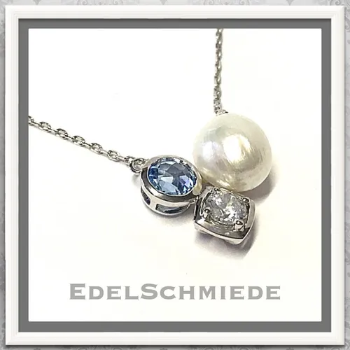 Elegante Halskette mit Perle, Zirkonia & synthetischem Blautopas aus 925 Silber - Stilvolle Halskette aus hochwertigem Sterlingsilber (925), verziert mit Perle und Zirkonia. Ideal für besondere Anlässe oder als elegantes Everyday-Accessoire.