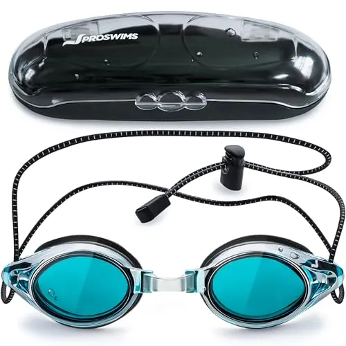 Proswims Schwimmbrille mit Antibeschlag-Beschichtung, graue Gläser mit schnell verstellbarem elastischem Bungee-Riemen, Hartschalentasche und Mikrofaser-Reinigungstuch