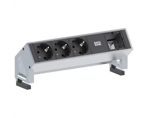 Bachmann DESK2 Steckdosenleiste mit 3x Schutzkontakt und 1x ABD GST18 - Moderne Steckdosenleiste für Büro und Home-Office, mit modularen Kommunikationsmodulen und elegantem Design. Ideal für flexibles Desk-Sharing und platzsparende Installation.