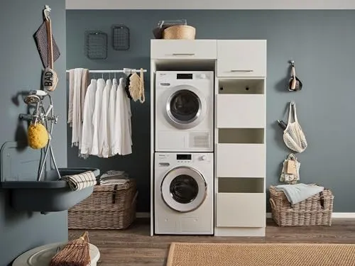 möbelando Waschmaschinenumbauschrank >LAUNDREEZY< in weiß - 117,5x200x67,5 (BxHxT)