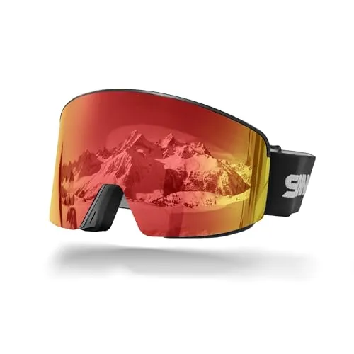 SCHNORR Skibrille mit magnetischer Glaswechselfunktion Full REVO Rot S2 Antibeschlag, UV400 Skibrille Männer, Ski Brille Frauen, Snowboardbrille, schlechtes Wetter, Schibrille, Skiing Goggles