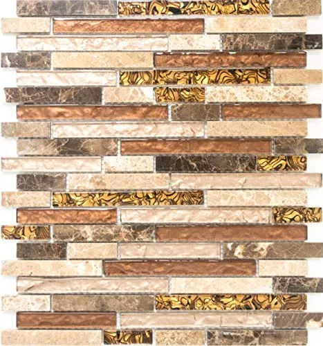 Glasmosaik Naturstein Stäbchen Glas Mosaik Mosaikfliesen beige creme braun Marmor Fliesenspiegel Küche Bad WC - MOS86-1302