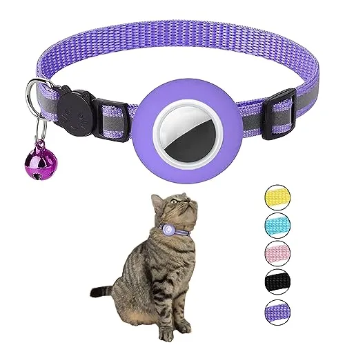 Hepplly Reflektierende Airtag Katzenhalsband mit Glocke und Airtag Halter, kompatibel mit Airtag, Katzenhalsband mit zerbrechlicher Sicherheitsschnalle für Kätzchen, Katze(Lila)