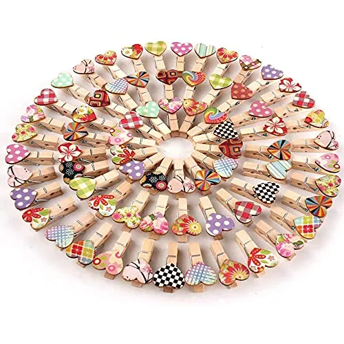 ANCLLO 100 Stück Mini-Wäscheklammern mit Herzen, ​Bunt Herz Holz Clips Wäscheklammern Mini Holz Klammern deko klammern für DIY Fotos Clips Hochzeit Geschenk Craft Decor