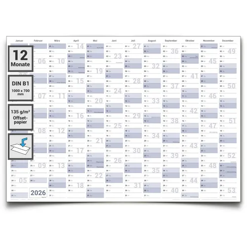Jahresplaner 2026 DIN B1 blau gefaltet – Wandkalender großformat